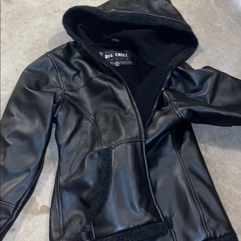 Hooded leather jacket with fur on inside